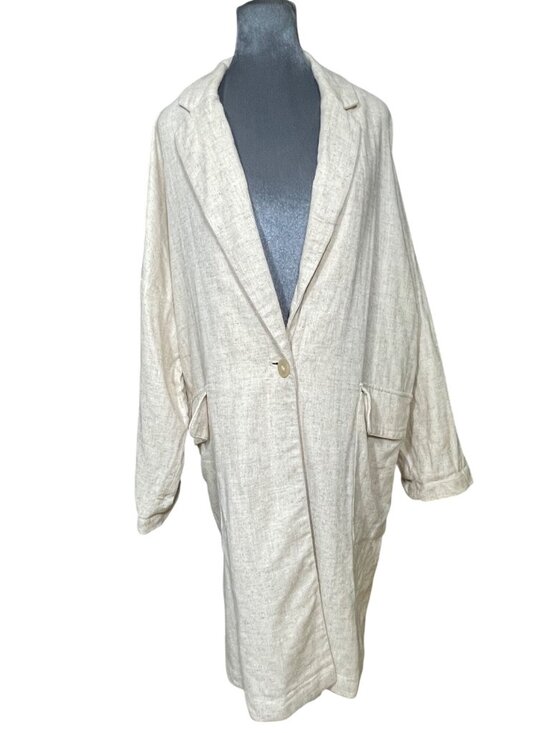 Jackets & Blazers - Oversized Zara Beige Linen Blend Single-Button Womens Blazer Coat With Pockets S